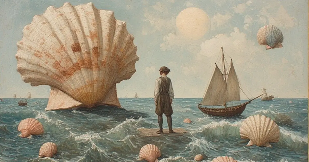 Illustrazione simbolica di mare con conchiglia gigante e figura solitaria